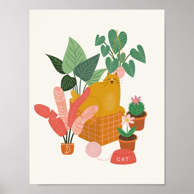 Póster Gato de jengibre con plantas (Frente)