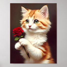 Póster Gato de jengibre con una rosa roja. Pintura de ace