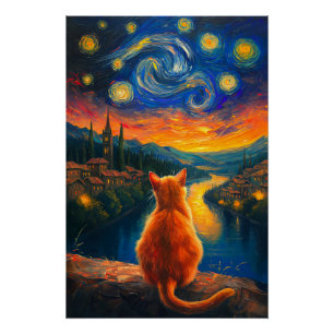 Póster Gato de jengibre contemplante   Starnight Sky Art