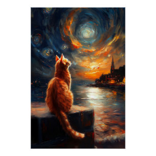 Póster Gato de jengibre contemplante   Starry Night Sky