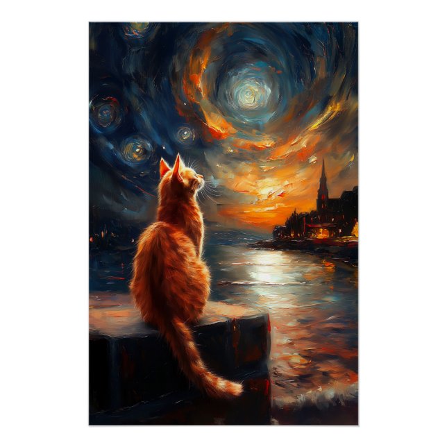 Póster Gato de jengibre contemplante | Starry Night Sky (Anverso)