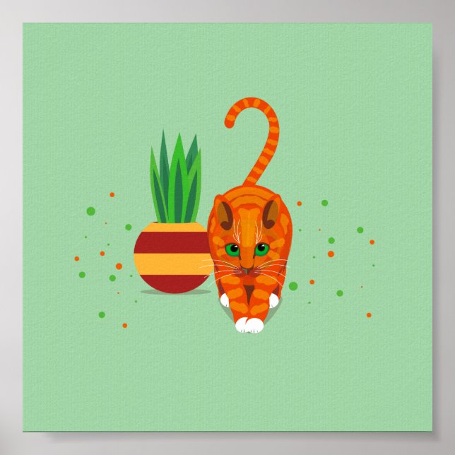 Póster Gato de jengibre geométrico caminando por un poste (Frente)