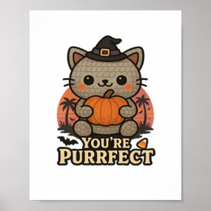 Póster Gato de Kawaii Halloween con calabaza, sabor a bru