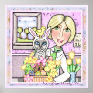 Póster Gato de la cesta de Pascua con el veterinario