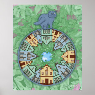 Póster Gato de la ciudad. Primavera. Mandala