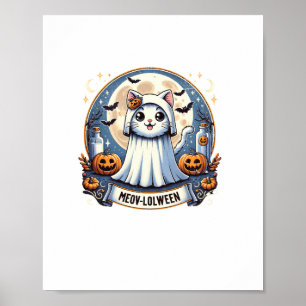 Póster Gato de Meow-lolween en traje fantasma Halloween A