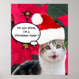 PÓSTER GATO DE NAVIDAD CON SOMBRERO DE PAPÁ NOEL Y FLORES