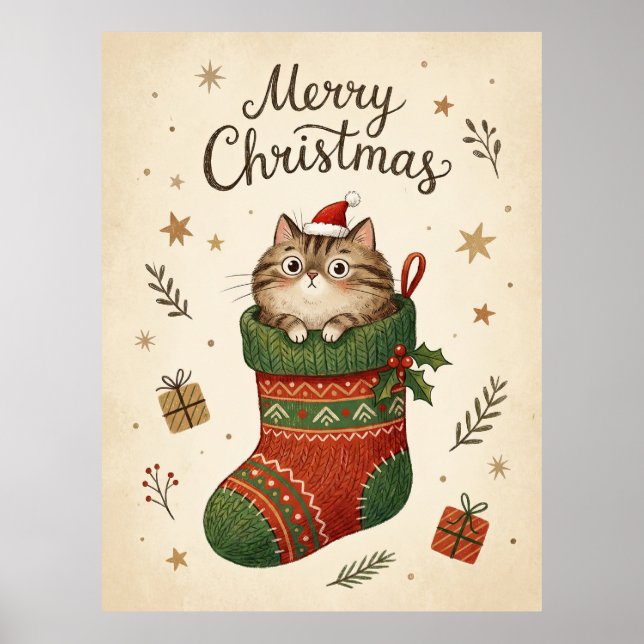 Póster Gato de Navidad en Calcetín (Frente)
