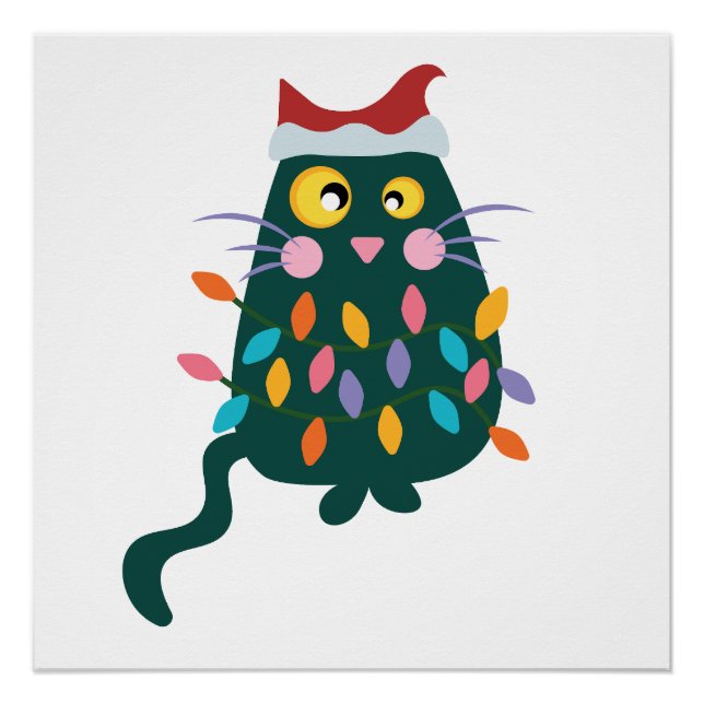 Póster Gato de Navidad enredado en luces (Anverso)