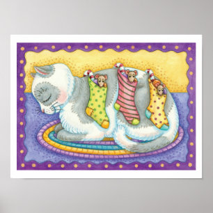 Póster Gato de Navidad lindo durmiendo con ratones en cal