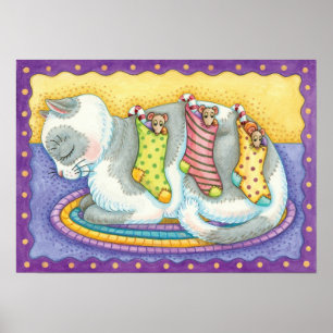 Póster Gato de Navidad lindo durmiendo con ratones en cal