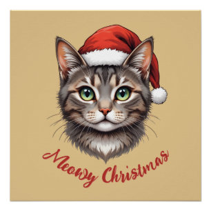 Póster Gato de Navidad Lindo Personalizado con Sombrero d