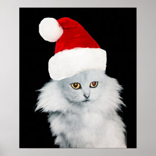 PÓSTER GATO DE NAVIDADES BLANCOS CON GORRA DE SANTA CLAUS