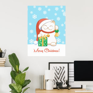 Póster Gato de Navidades blancos en un Gorra rojo