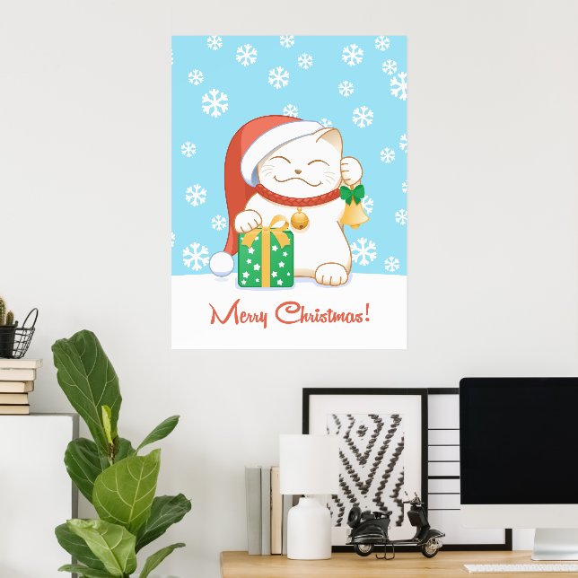 Póster Gato de Navidades blancos en un Gorra rojo (Oficina en casa)