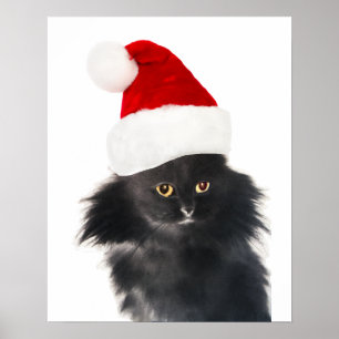 PÓSTER GATO DE NAVIDADES NEGROS CON GORRA DE SANTA CLAUS