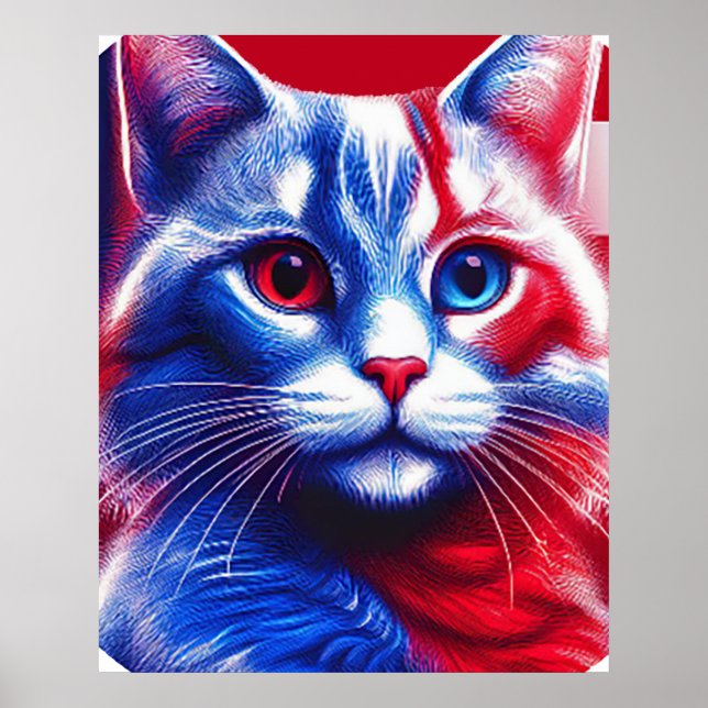 Póster Gato De Neón Blanco Y Azul Rojo Con Bandera Aneric (Frente)
