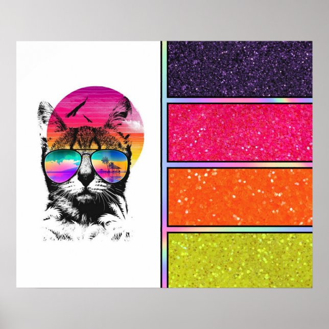 Póster Gato de Neon | purpurina falso (Frente)