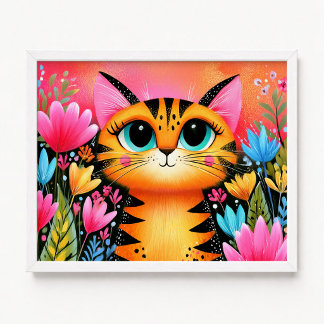Póster Gato de ojos azules atigrado rosa y naranja floral