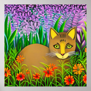 Póster Gato de ojos verdes en un jardín de flores