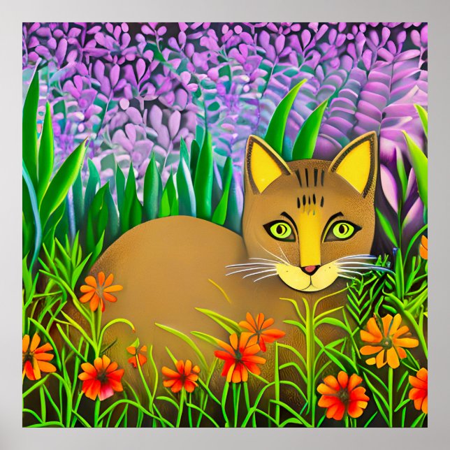 Póster Gato de ojos verdes en un jardín de flores (Frente)
