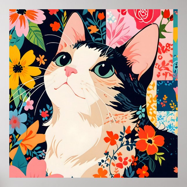 Póster Gato de parches florales (Frente)