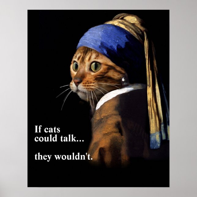 Póster Gato de parodias de vermeer con una perla (Frente)