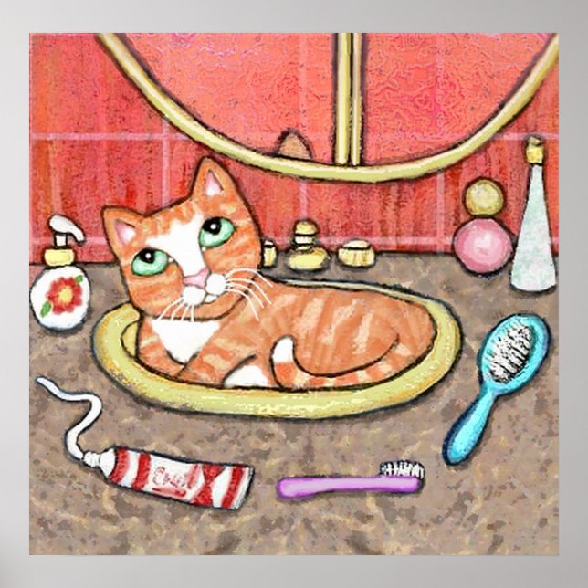 Póster Gato De Pestaña En El Lavabo Del Baño (Frente)
