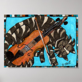 Póster Gato de Pestaña Gris con violín Fiddle Folk Art