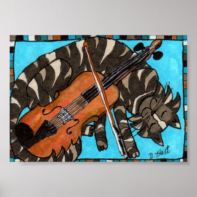 Póster Gato de Pestaña Gris con violín Fiddle Folk Art (Frente)