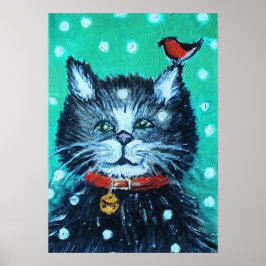 Póster Gato de pintura al óleo lindo con saludo de Navida