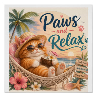 Póster Gato de Playa Patas y Relaja