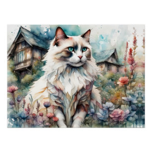 Póster Gato de Ragdoll en un jardín inglés
