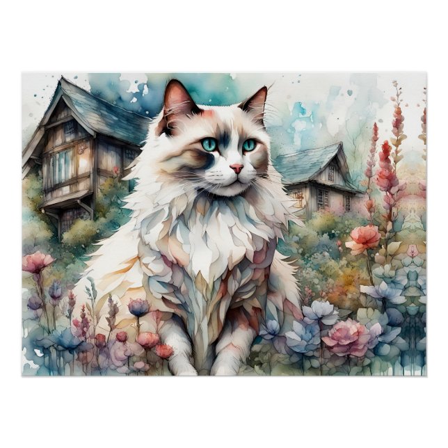 Póster Gato de Ragdoll en un jardín inglés (Anverso)