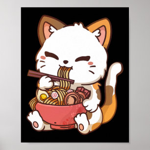 Póster Gato de Ramen Anime Kawaii comiendo Ramen