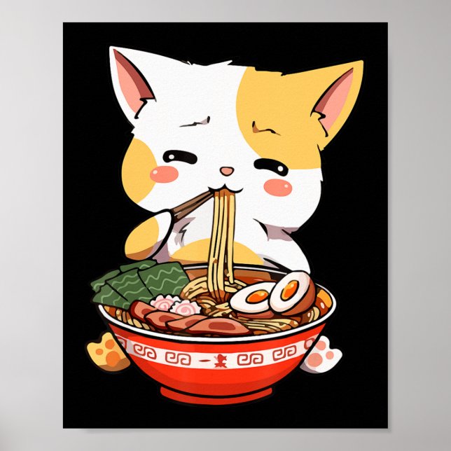 Póster Gato de Ramen Comer fideos Kawaii Anime Merch Gift (Frente)