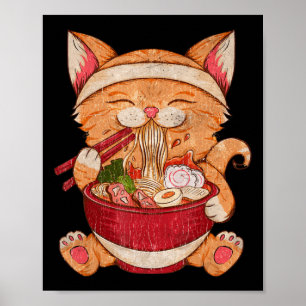 Póster Gato de Ramen de carne japonesa Kawaii Chicas de A