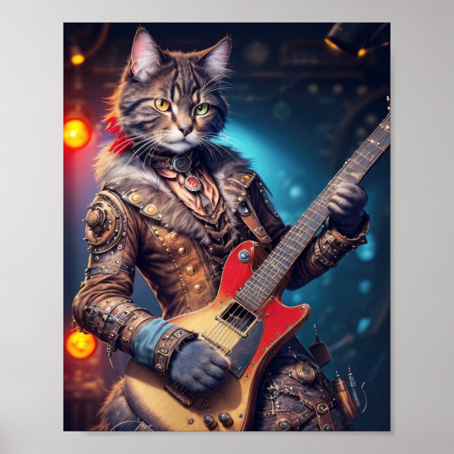 Póster Gato de rock de vapor tocando guitarra en el escen (Frente)