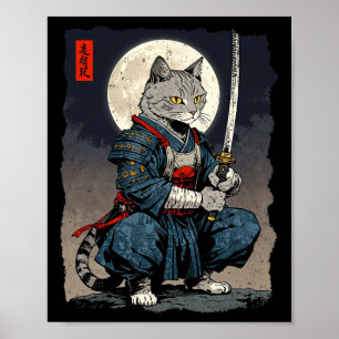 Póster Gato de Samurai Gato japonés luchador contra la lu