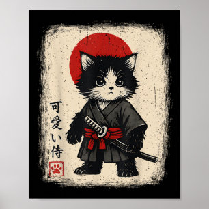 Póster Gato de Samurai Gato japonés Vintage Kawaii Funny
