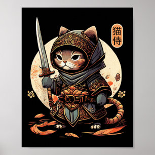 Póster Gato de Samurai Japonés Tattoo Kawaii Ninja Cat