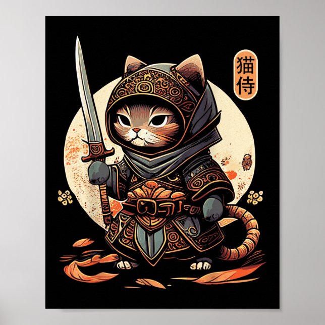 Póster Gato de Samurai Japonés Tattoo Kawaii Ninja Cat (Frente)