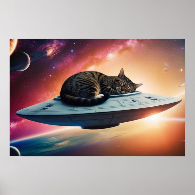 Póster Gato de Saucer volante en el espacio exterior (Frente)