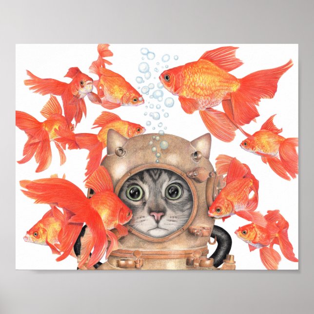 Póster Gato de Scuba entre los peces (Frente)