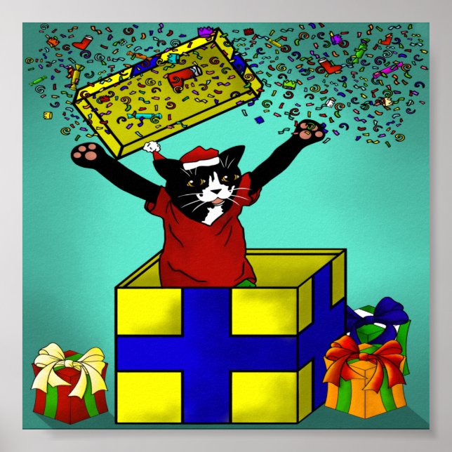 Póster Gato de sorpresa de regalo de Navidad (Frente)