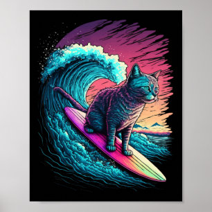 Póster Gato de surf retro Vintage 80s Vaporwave Synthwave