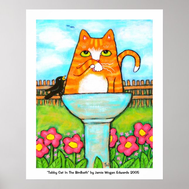 Póster Gato De Tabby En El Baño De Aves (Frente)