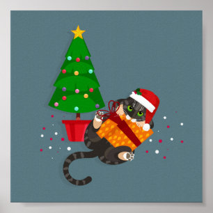 Póster Gato de Tabby geométrico jugando con navidad prese