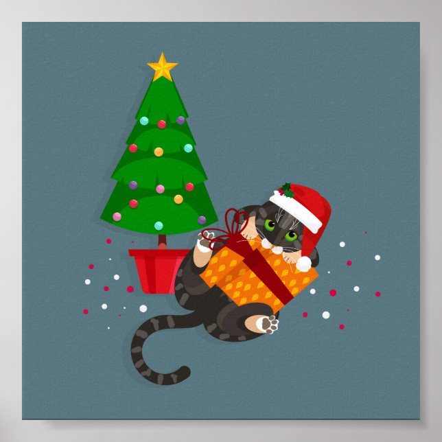Póster Gato de Tabby geométrico jugando con navidad prese (Frente)