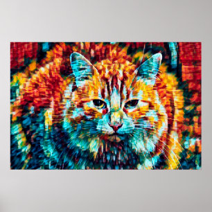 Póster Gato de Tabby Hippie Boho Naranja Azul Colorido